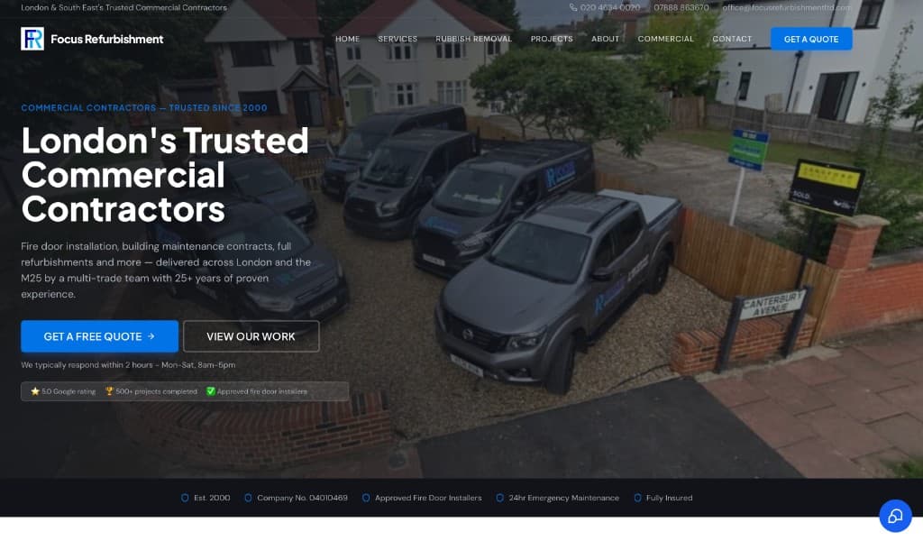 Focus Refurbishment homepage with branded fleet and commercial contractor positioning